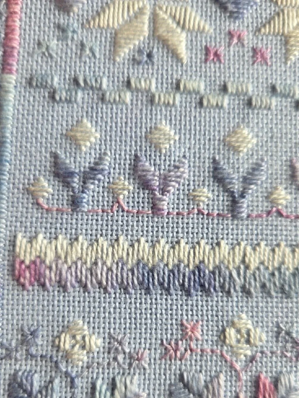 Hand-Embroidered Floral Cross Stitch Wall Art in Pastel Colors